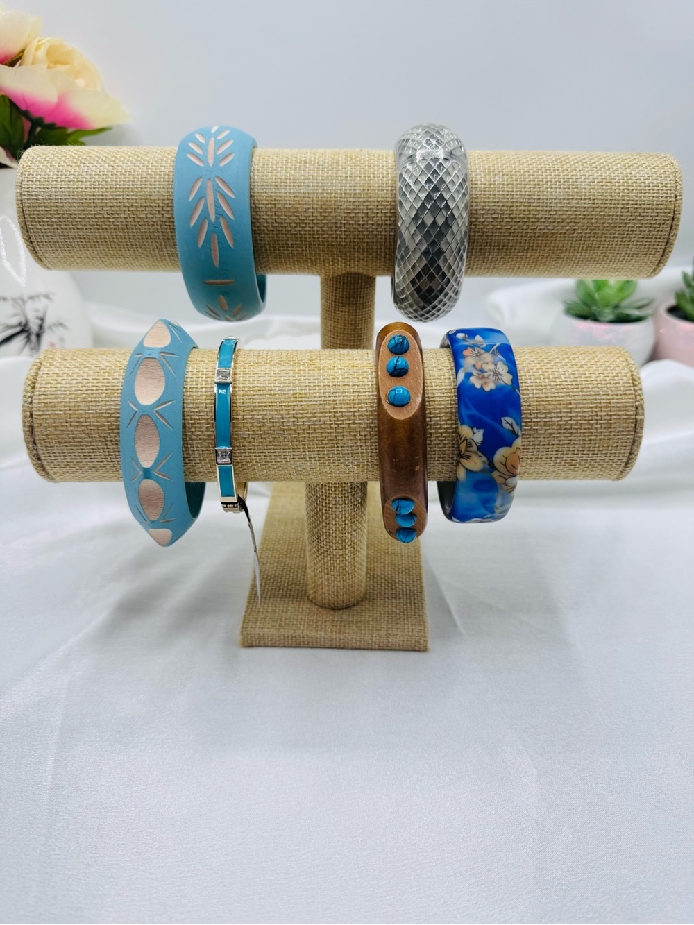 Boho Mixed Bangle Bracelet Lot Blue Wood Silver Floral Statement Bracelets 6 pcs